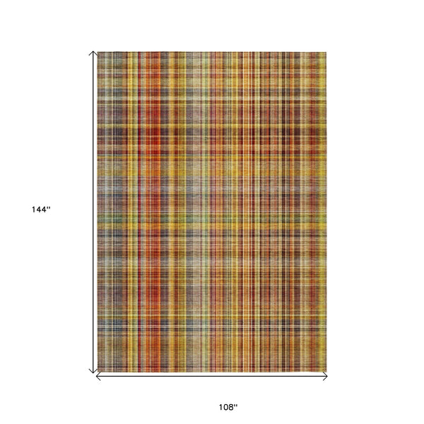 Homeroots 9' X 12' Yellow Orange And Brown Plaid Washable Non Skid Indoor Outdoor Area Rug Paprika Polyester 561901