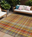 Homeroots 9' X 12' Yellow Orange And Brown Plaid Washable Non Skid Indoor Outdoor Area Rug Paprika Polyester 561901