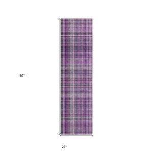 Homeroots 8' Runner Purple Plaid Washable Non Skid Indoor Outdoor Runner Rug Purple Polyester 561904