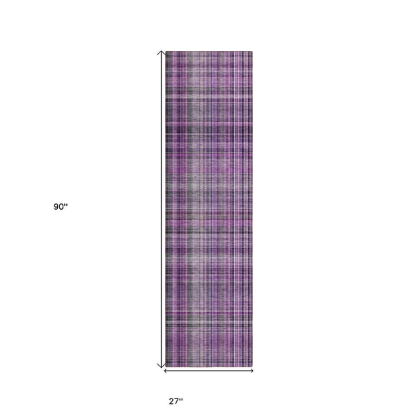 Homeroots 8' Runner Purple Plaid Washable Non Skid Indoor Outdoor Runner Rug Purple Polyester 561904