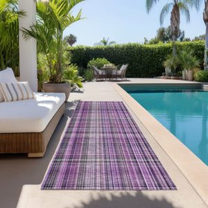 Homeroots 8' Runner Purple Plaid Washable Non Skid Indoor Outdoor Runner Rug Purple Polyester 561904