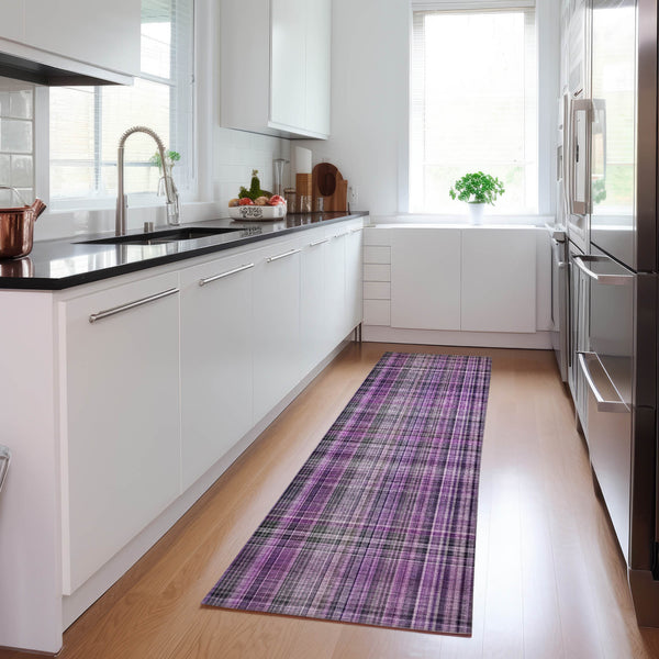 Homeroots 8' Runner Purple Plaid Washable Non Skid Indoor Outdoor Runner Rug Purple Polyester 561904