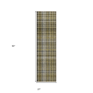 Homeroots 2' X 8' Green Beige And Gray Plaid Washable Non Skid Indoor Outdoor Area Rug Taupe Polyester 561922