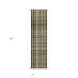 Homeroots 2' X 8' Green Beige And Gray Plaid Washable Non Skid Indoor Outdoor Area Rug Taupe Polyester 561922