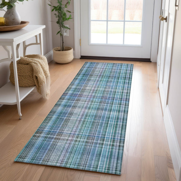 Homeroots 2' Stylish Plaid Washable Non-skid Indoor Outdoor Area Rug For Kids And Pets In Chic Design Teal Polyester 561931