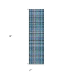 Homeroots 2' Stylish Plaid Washable Non-skid Indoor Outdoor Area Rug For Kids And Pets In Chic Design Teal Polyester 561931
