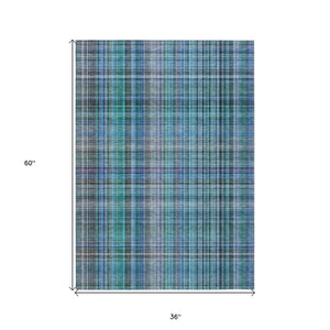 Homeroots 3' X 5' Blue Teal And Gray Plaid Washable Non Skid Indoor Outdoor Area Rug Teal Polyester 561933