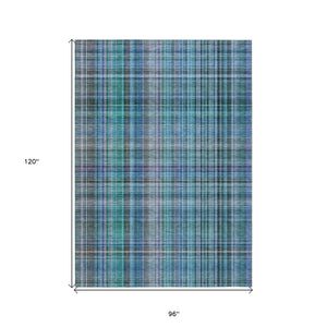 Homeroots 8' X 10' Blue Teal And Gray Plaid Washable Non Skid Indoor Outdoor Area Rug Teal Polyester 561936