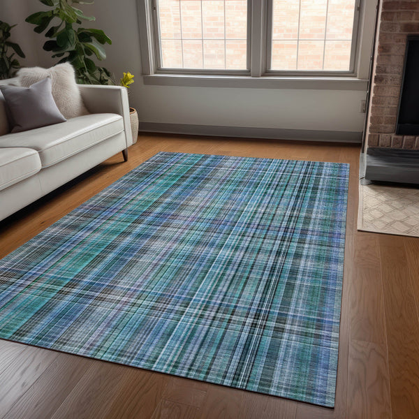 Homeroots 9' X 12' Blue Teal And Gray Plaid Washable Non Skid Indoor Outdoor Area Rug Teal Polyester 561937