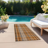 Homeroots 2' X 8' Orange Brown And Gray Plaid Washable Non Skid Indoor Outdoor Area Rug Terracotta Polyester 561940