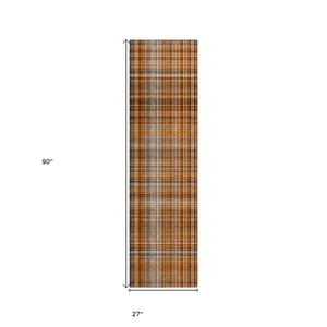 Homeroots 2' X 8' Orange Brown And Gray Plaid Washable Non Skid Indoor Outdoor Area Rug Terracotta Polyester 561940