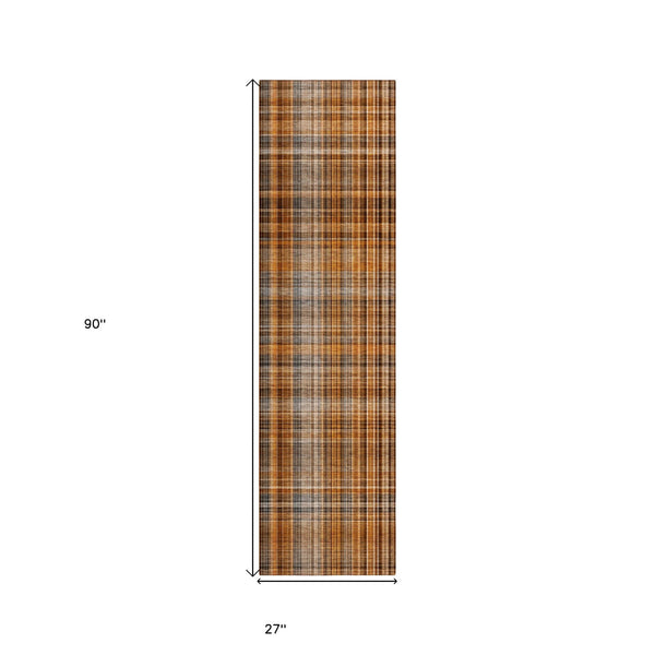 Homeroots 2' X 8' Orange Brown And Gray Plaid Washable Non Skid Indoor Outdoor Area Rug Terracotta Polyester 561940
