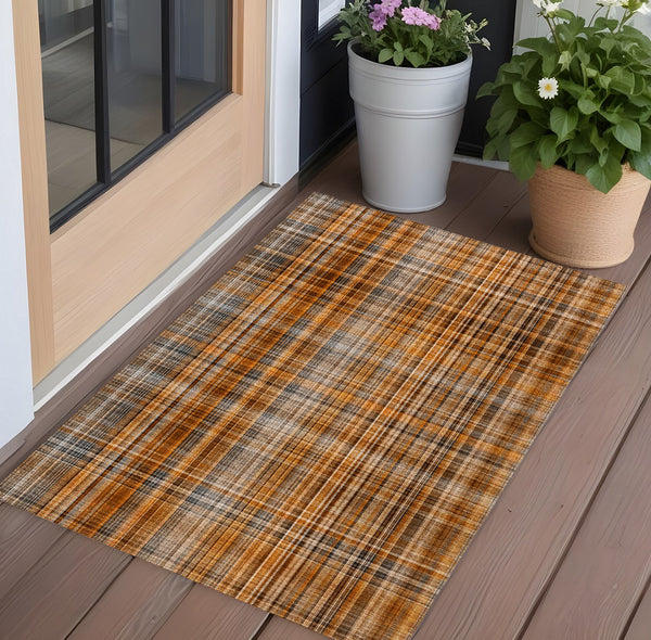Homeroots 2' Stylish Plaid Washable Non-skid Indoor Outdoor Area Rug For Kids And Pets In Chic Design Terracotta Polyester 561942