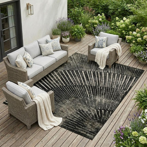 Abstract Indoor Outdoor Area Rug Machine Washable Non Skid Uv Resistant Felt Backing