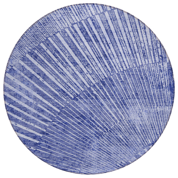 Homeroots 8' Round Navy Blue Round Abstract Washable Non Skid Indoor Outdoor Area Rug Navy Polyester 561980