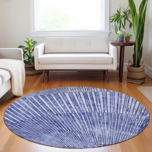 Homeroots 8' Round Navy Blue Round Abstract Washable Non Skid Indoor Outdoor Area Rug Navy Polyester 561980