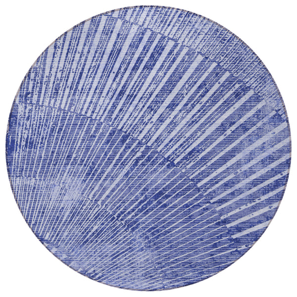 Homeroots 8' Round Navy Blue Round Abstract Washable Non Skid Indoor Outdoor Area Rug Navy Polyester 561980