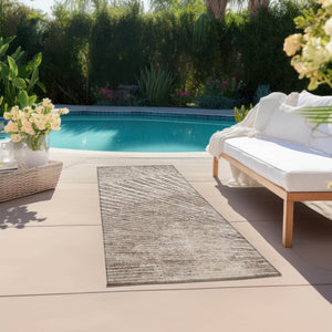 Homeroots 8' Runner Taupe And Ivory Abstract Washable Non Skid Indoor Outdoor Runner Rug Taupe Polyester 561994