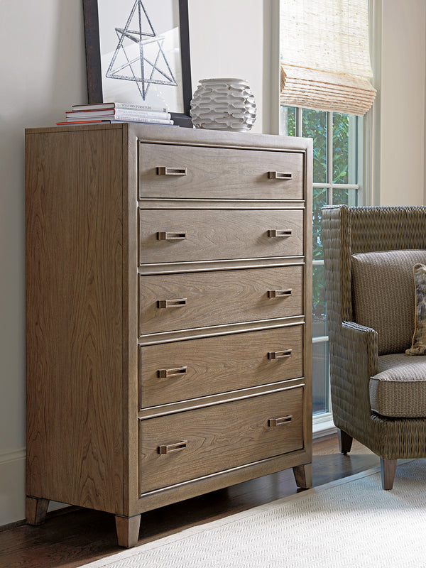 Lexington Tommy Bahama Home Brookdale Contemporary Drawer Chest - Elegant 5-drawer Storage, Weathered Driftwood Finish, Tommy Bahama Hatteras Gray  561-307