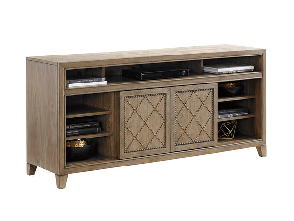 Lexington Tommy Bahama Home Fairbanks Media Console - Casual Elegance With Sliding Doors, Adjustable Shelves, And Sound Bar Space Hatteras Gray  561-907