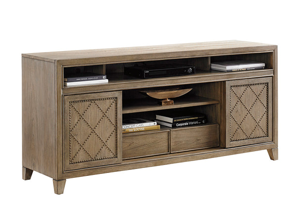 Lexington Tommy Bahama Home Fairbanks Media Console - Casual Elegance With Sliding Doors, Adjustable Shelves, And Sound Bar Space Hatteras Gray  561-907
