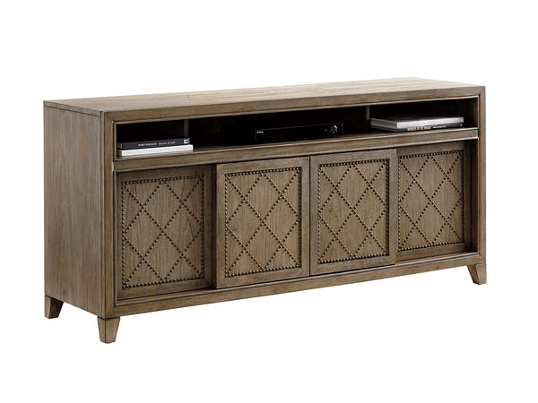 Lexington Tommy Bahama Home Fairbanks Media Console - Casual Elegance With Sliding Doors, Adjustable Shelves, And Sound Bar Space Hatteras Gray  561-907
