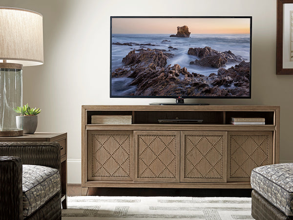 Lexington Tommy Bahama Home Fairbanks Media Console - Casual Elegance With Sliding Doors, Adjustable Shelves, And Sound Bar Space Hatteras Gray  561-907