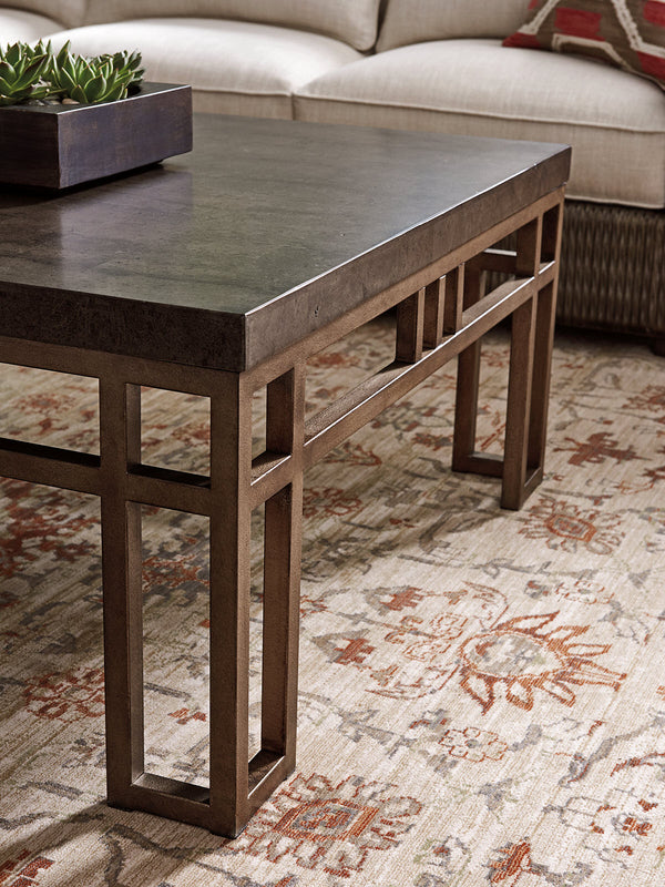 Lexington Tommy Bahama Home Montera Cocktail Table: Embrace Casual Elegance With Stained Travertine And Textured Metal Base Hatteras Gray  561-943