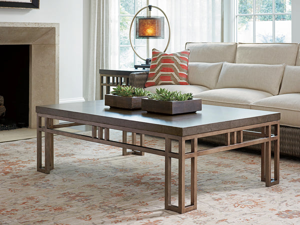 Lexington Tommy Bahama Home Montera Cocktail Table: Embrace Casual Elegance With Stained Travertine And Textured Metal Base Hatteras Gray  561-943