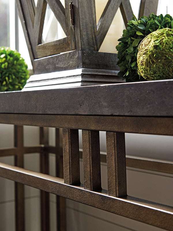 Lexington Tommy Bahama Home Montera Console Table - Casual Elegance With Stained Travertine Top And Textured Metal Base Design Hatteras Gray  561-967
