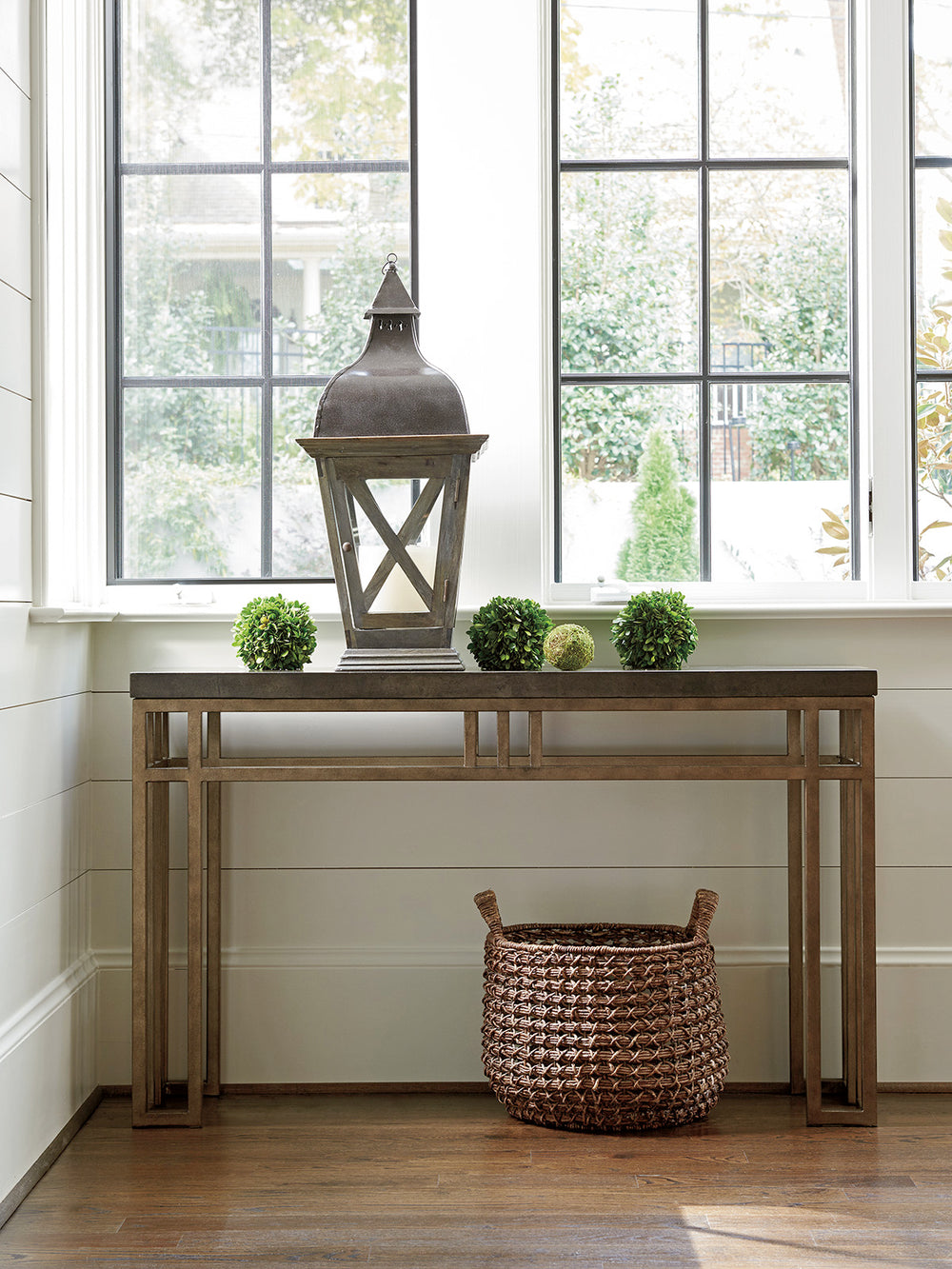 Lexington Tommy Bahama Home Montera Console Table - Casual Elegance With Stained Travertine Top And Textured Metal Base Design Hatteras Gray  561-967