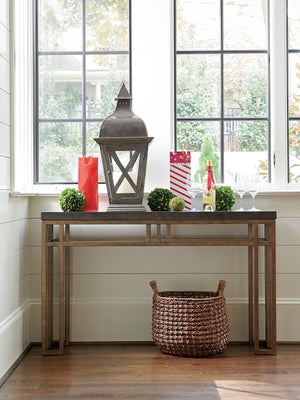 Lexington Tommy Bahama Home Montera Console Table - Casual Elegance With Stained Travertine Top And Textured Metal Base Design Hatteras Gray  561-967