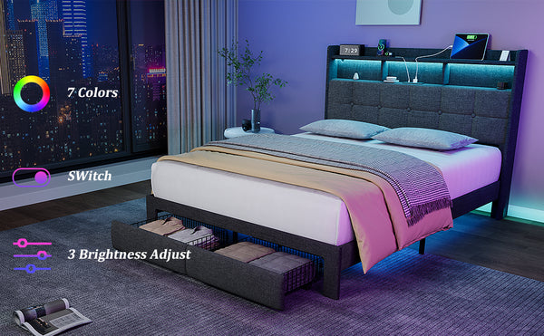 English Elm Queen LED Bed Frame with Linen Headboard, 2 Drawers, Fast Charging Ports, Remote RGB Nightlight W1550P190362