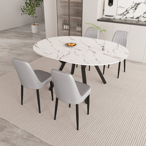 English Elm 47-63" Extendable Round Dining Set with Pu Chairs White Mdf Top Black Metal Legs W3732S00021