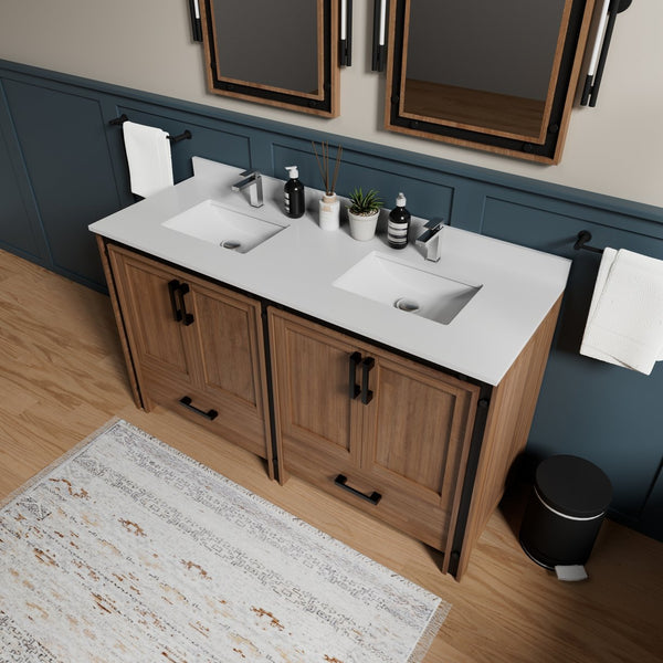 English Elm Rustic Barnwood Double Bath Vanity 60" W with White Quartz Top, Soft-Close Storage & 22" Mirrors B2731S00912