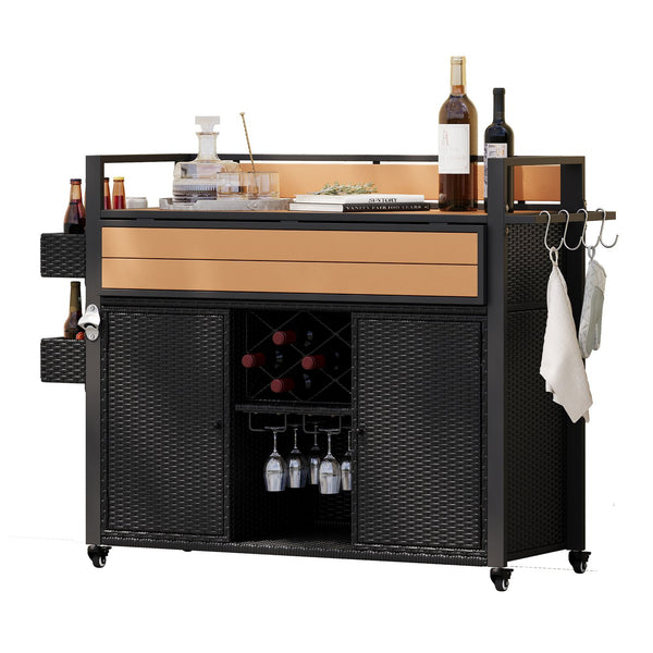 English Elm K&K Wicker Outdoor Grill Cart with Foldable Drop Leaf, Locking Wheels, Wine Rack & Ample Storage Black Brown N707P233747B