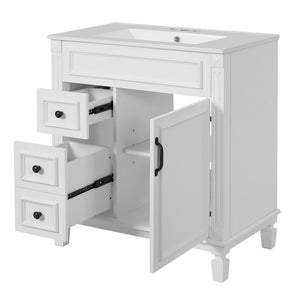 English Elm 30" French-Inspired Bathroom Vanity With Ceramic Sink & Dual Drawers - Elegant Storage Solution! N710P323328K