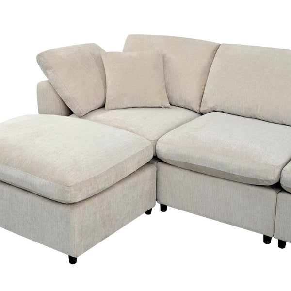 English Elm U_style Seven Seat Modular Sectional Chenille Sofa with Ottoman Pine Frame Living Room Beige WY000469AAA