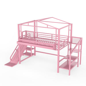 English Elm Twin Metal Loft Bed with Built-in Wardrobe Storage Stairs Led Lights and Usb Ports W5316S00048