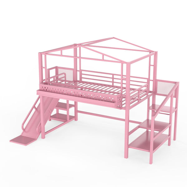 English Elm Twin Metal Loft Bed with Built-in Wardrobe Storage Stairs Led Lights and Usb Ports W5316S00048