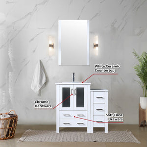 English Elm Volez White 36" Single Bath Vanity with Side Cabinet, Solid Wood, Soft-Close Drawers, Ceramic Top B2731P337011