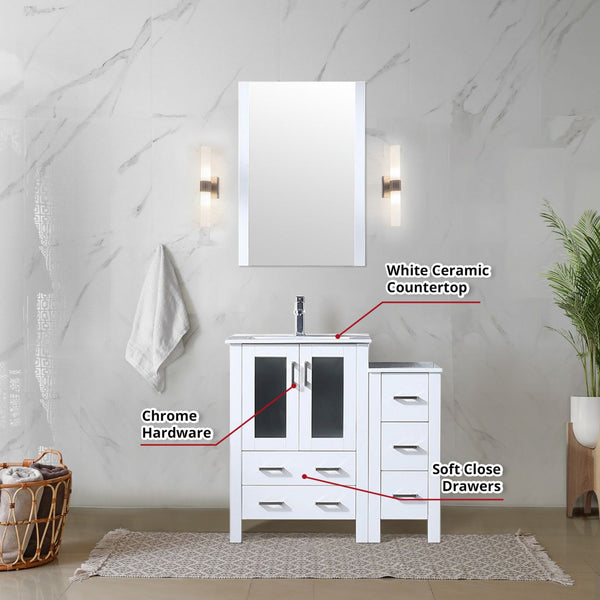 English Elm Volez White 36" Single Bath Vanity with Side Cabinet, Solid Wood, Soft-Close Drawers, Ceramic Top B2731P337011