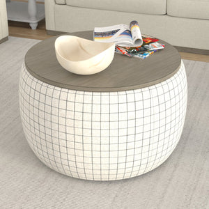 English Elm Wallace & Bay - White Storage Ottoman — Transitional Charcoal Windowpane Accent, Engineered Wood, Easy-Care, 35" Square Seating B2709P212479