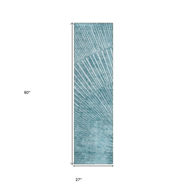 Homeroots 8' Runner Teal Abstract Washable Non Skid Indoor Outdoor Runner Rug Teal Polyester 562003