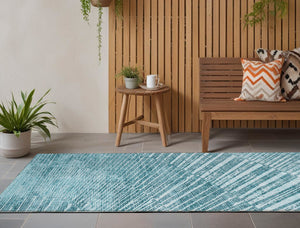 Homeroots 8' Runner Teal Abstract Washable Non Skid Indoor Outdoor Runner Rug Teal Polyester 562003