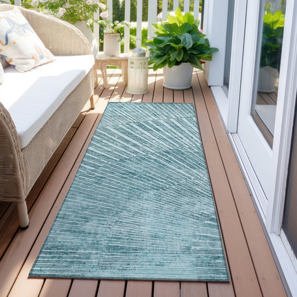 Homeroots 8' Runner Teal Abstract Washable Non Skid Indoor Outdoor Runner Rug Teal Polyester 562003