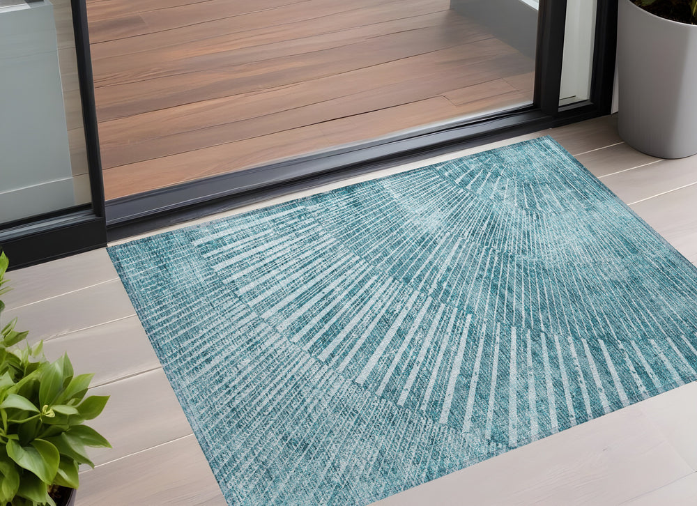 Homeroots 3' X 5' Teal Abstract Washable Non Skid Indoor Outdoor Area Rug Teal Polyester 562005