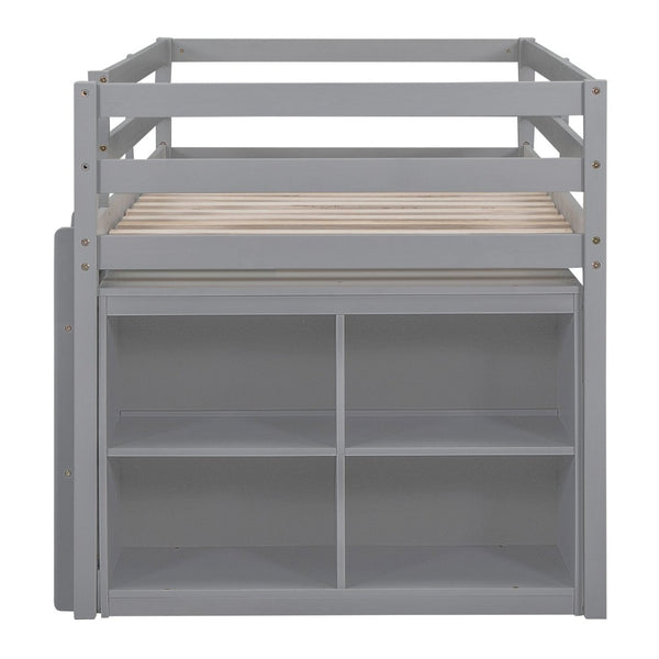 English Elm Twin Loft Bed Pinewood Frame Four Drawers Retractable Study Desk Kids Bedroom Gray LT000368AAE