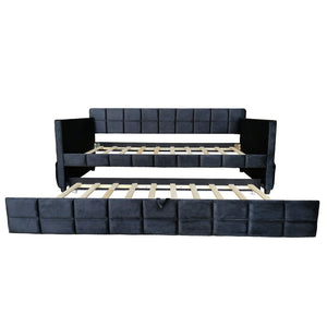 English Elm Modern Velvet Twin Daybed with Pull Out Trundle and Built in Armrest Storage Pockets Black SF000200AAB