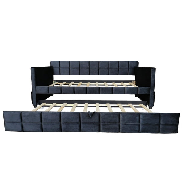 English Elm Modern Velvet Twin Daybed with Pull Out Trundle and Built in Armrest Storage Pockets Black SF000200AAB